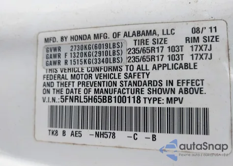 2011 Honda Odyssey Ex-L from USA, damaged, VIN 5FNRL5H65BB100118